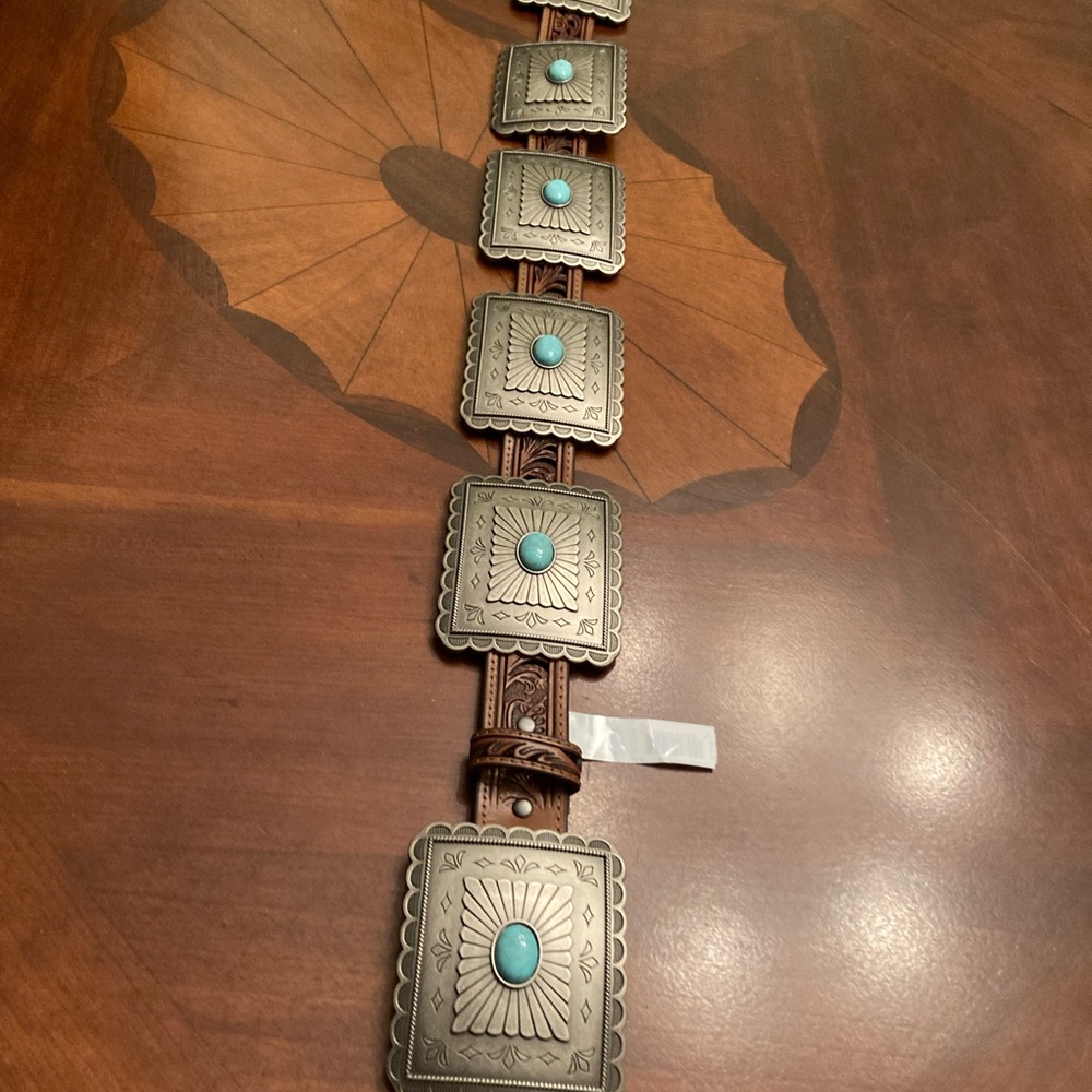 Ariat Choncha Brown Leather Belt with Silver and Turquoise Accents - Picture 2 of 7